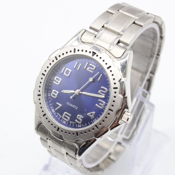 Vintage Advance Watch Mens Silver Tone Stainless Steel Classic Blue Slim Dial - Picture 4 of 8